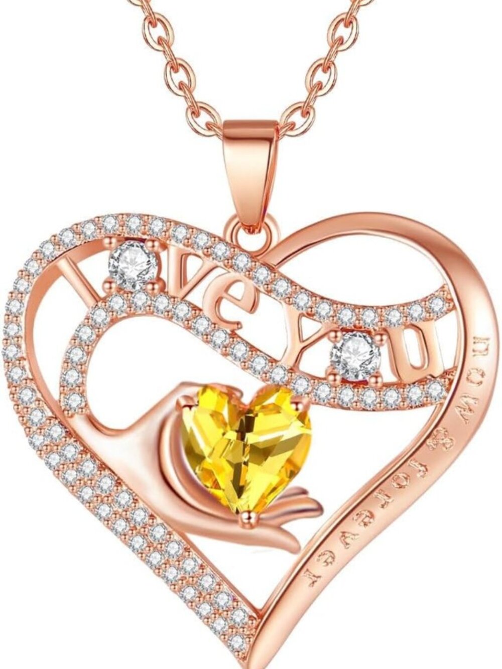 Heart in Hand Birthstone Necklace for Women - I Love You Jewelry Gift, Rose Gold